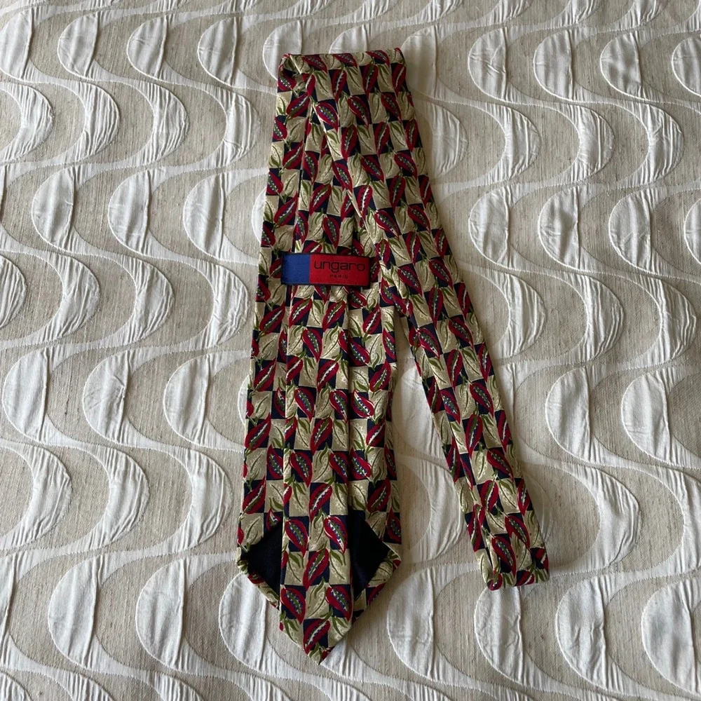 Ungaro Paris Mens Silk Tie Geometric Botanical Red Green Navy Made in Italy